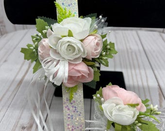 Wrist Corsage Boutonniere Set Light Pink White, Prom Wedding Flower Arrangement