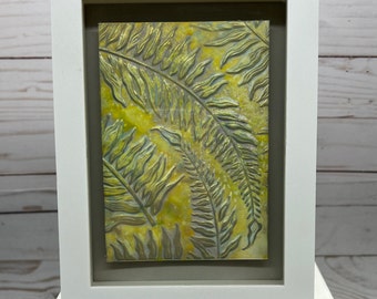 Embossed Fern Watercolor Art: Yellow Gold Distressed Oxide Painting Home Decor