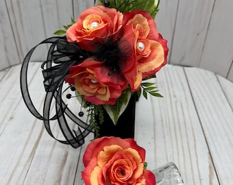 Wrist Corsage Boutonniere Set Peach and Coral:  Prom Wedding Flower Arrangement