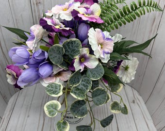 Centerpiece Spring Faux Pansy & Tulip: Boho Farmhouse Floral Arrangement