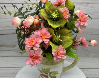 Faux Cherry Blossom Coffee Mug Arrangement: Pink Flowers, Bird Nest Home Decor