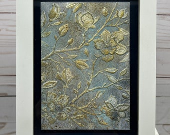 Embossed Magnolia Watercolor Art: Distressed Oxide Blue Gold Home Decor
