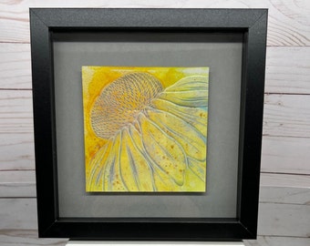 Embossed Echinacea Watercolor Art: Yellow Floral Home Decor, Framed Print