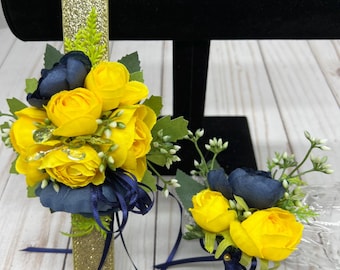 Wrist Corsage Boutonniere Set Navy Yellow, Prom Wedding Flower Arrangement