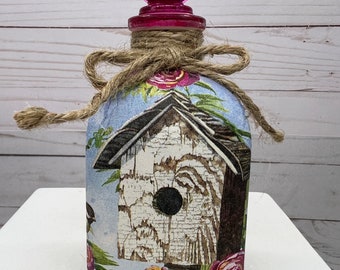 Bird house Decor, Farmhouse Decor, Decoupage Bottle, Home Decor Bottle