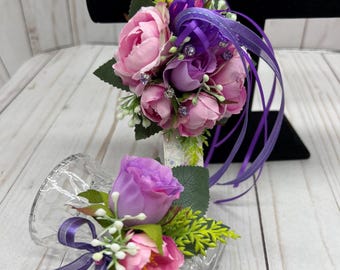 Wrist Corsage Boutonniere Set in Pink Lavender Roses:  Prom, Wedding, Homecoming