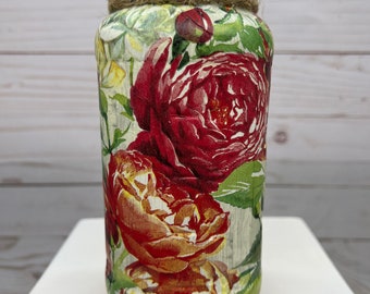 Rose Vase, Decoupage Canning Jar, Home Decor Vase