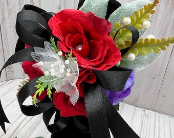 Wrist Corsage Boutonniere Set Red Purple:  Prom Wedding Flower Arrangement