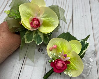 Wrist Corsage Boutonniere Set Yellow Green Orchid:  Prom Wedding Flower Arrangement