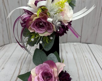 Wrist Corsage Boutonniere Set Pink Plum:  Prom Wedding Flower Arrangement