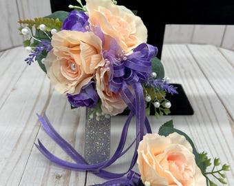Wrist Corsage Boutonniere Set Peach Purple:  Prom Wedding Flower Arrangement