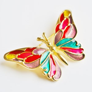 Vintage Guilloche Enamel Gold Tone Butterfly Pin - Multicolored Enamel Gold Tone Butterfly Moth Brooch - Woodland Flying Moth - Gift for Her