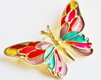 Vintage Guilloche Enamel Gold Tone Butterfly Pin - Multicolored Enamel Gold Tone Butterfly Moth Brooch - Woodland Flying Moth - Gift for Her