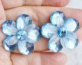 Large Vintage Flower Pierced Earrings,  Lightweight Blue Lucite Plastic