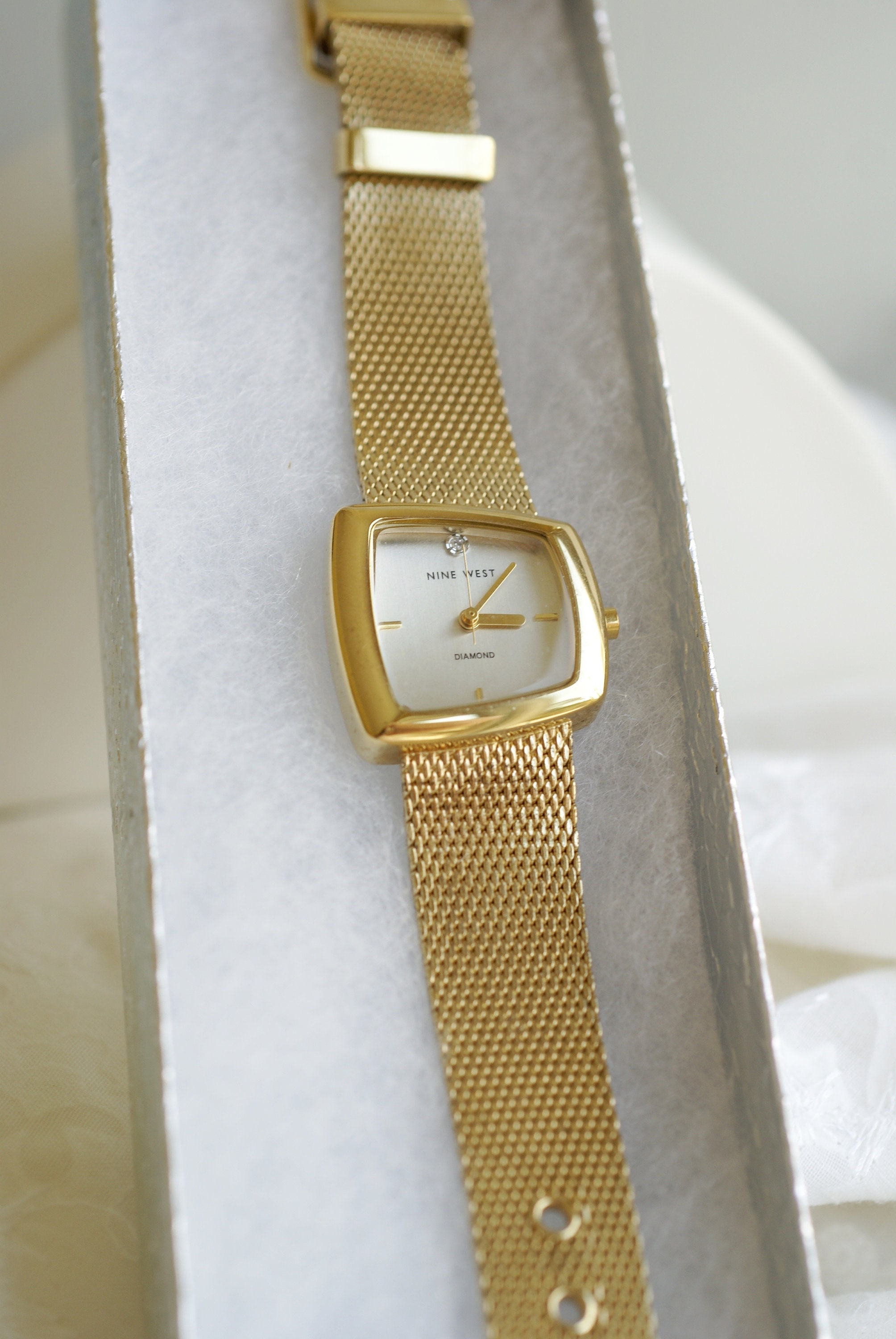 NINE WEST Brushed Gold Watch with Faux Diamonds Vintage Nine West Diamond Watch – Gold Mesh Band, Avant  main image 2