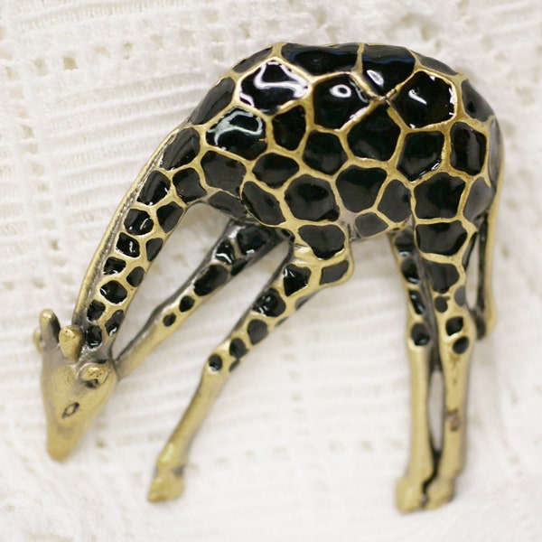 Vintage Large Black Gold Enamel Giraffe Brooch Pendant - Gold Tone with Black Enamel Spots Figural Giraffe Pin Pendant - Under 20 - For Her