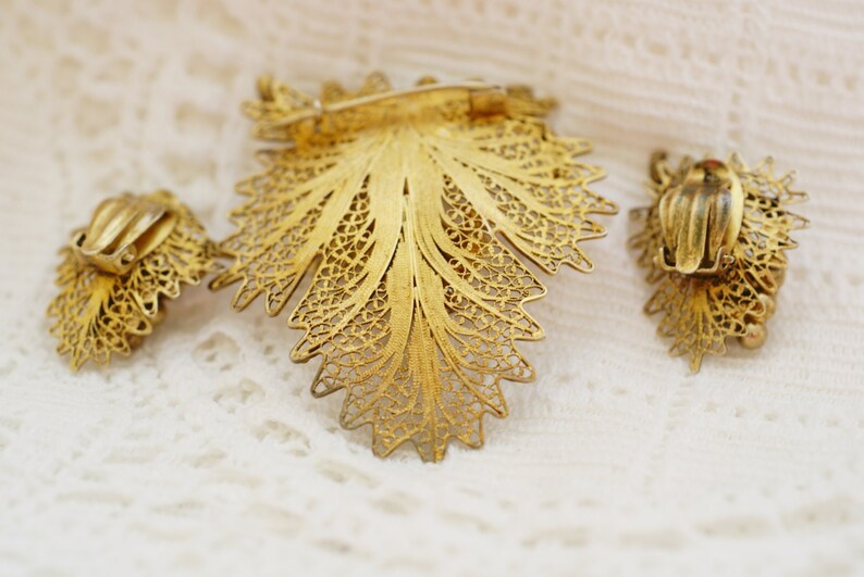 Brooch Clip Earrings Jewelry Set Vintage Gold Grape Leaf Jewelry Set Portuguese Gold Tone Silver Vermeil Filigree Pin Set