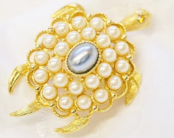 Vintage LIA Gold Tone Pearl Turtle Brooch - Open Work Champagne Pearls Gold Turtle Pin - Signed LIA Figural Tortoise Pin - Valentine Gift