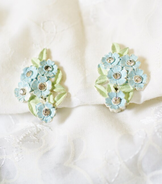 Vintage Japan Clip Earrings with Blue Flowers and Green Etsy