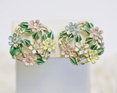 Mid Century Pastel Enamel Flowers Screw Back Earrings, Clear Rhinestone Centers, Green Leaves