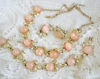 Mid Century Coro Gold Tone Pink Confetti Clear Rhinestones Jewelry Set Bracelet Earrings Necklace
