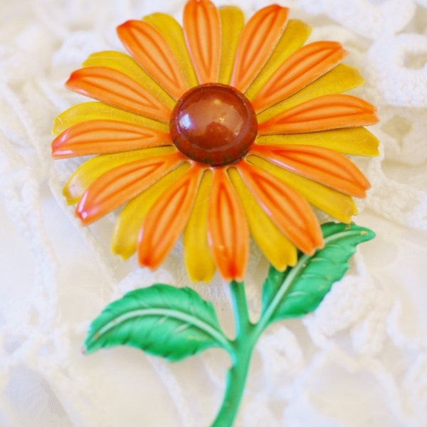 Large Vintage Mid Century Orange and Brown Enamel Flower Brooch Pin with Dark Brown Center, Green Leaves and Stem