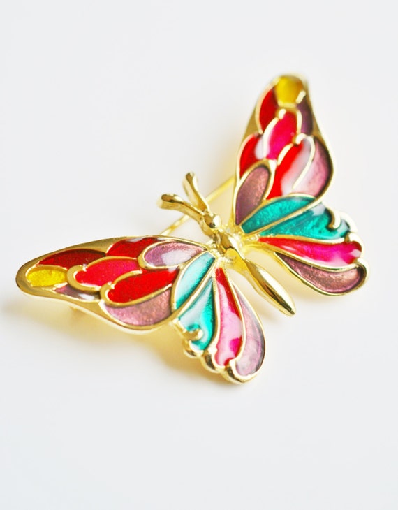 Vintage Guilloche Enamel Gold Tone Butterfly Pin -