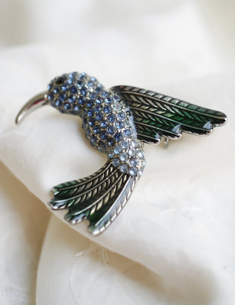 Vintage Silver Enamel Hummingbird W/blue Rhinestones Pin Vtge Blue ...