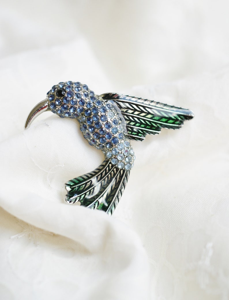 Vintage Silver Enamel Hummingbird W/blue Rhinestones Pin Vtge Blue ...