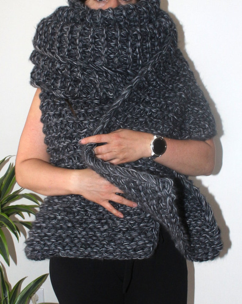 Mohair Scarf 45x380cm Grey Soft Chunky Knit Mohair Wool Mix Shawl Loop ...