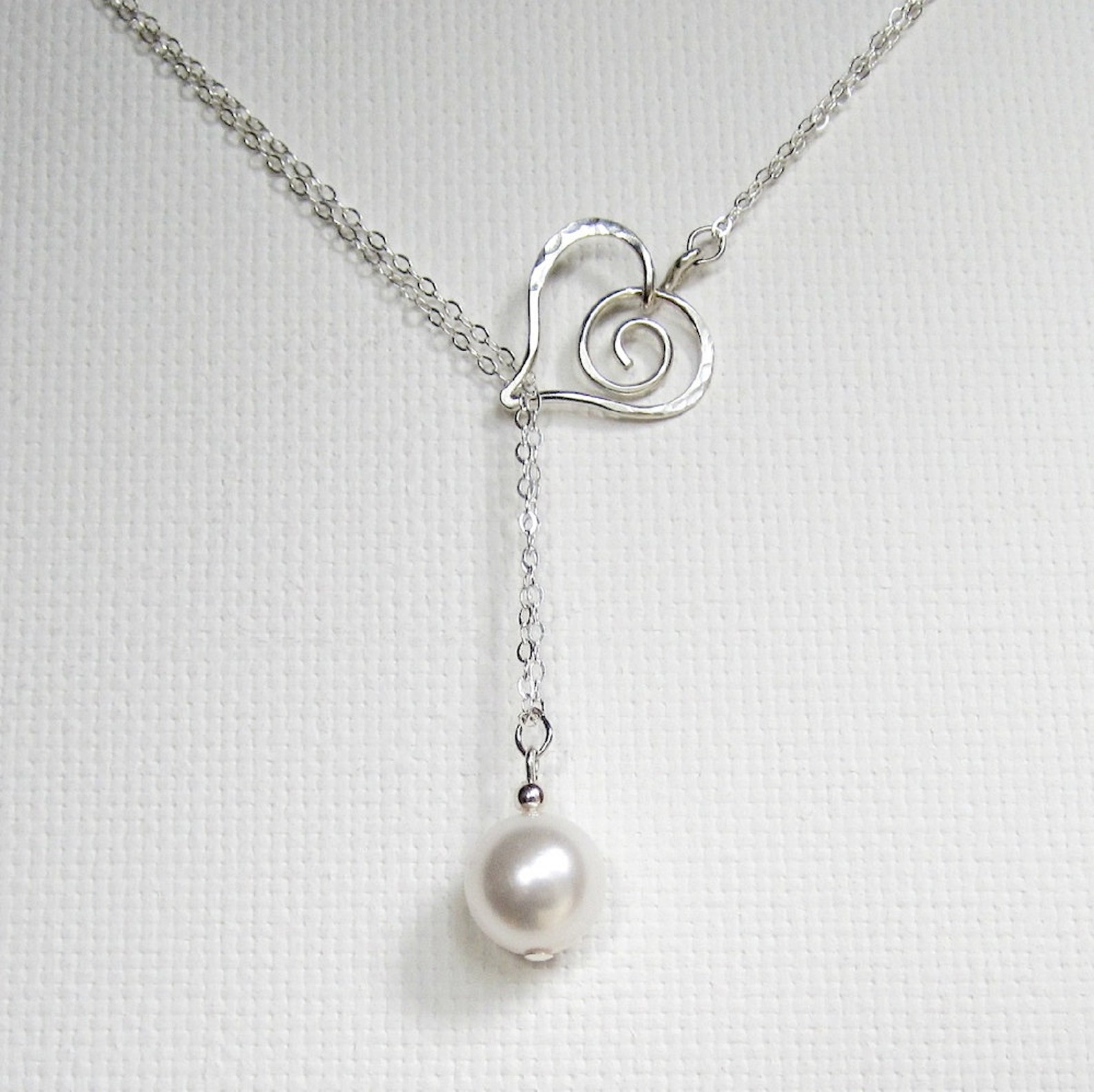 Pearl Heart Necklace Heart Lariat Delicate Necklace Wedding Etsy