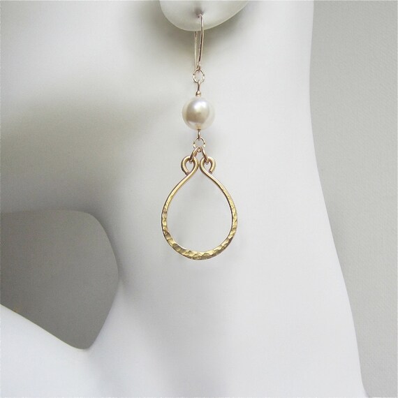 Gold Filled Earrings Gold Filled Pearl Earrings Hammered Hoop Etsy