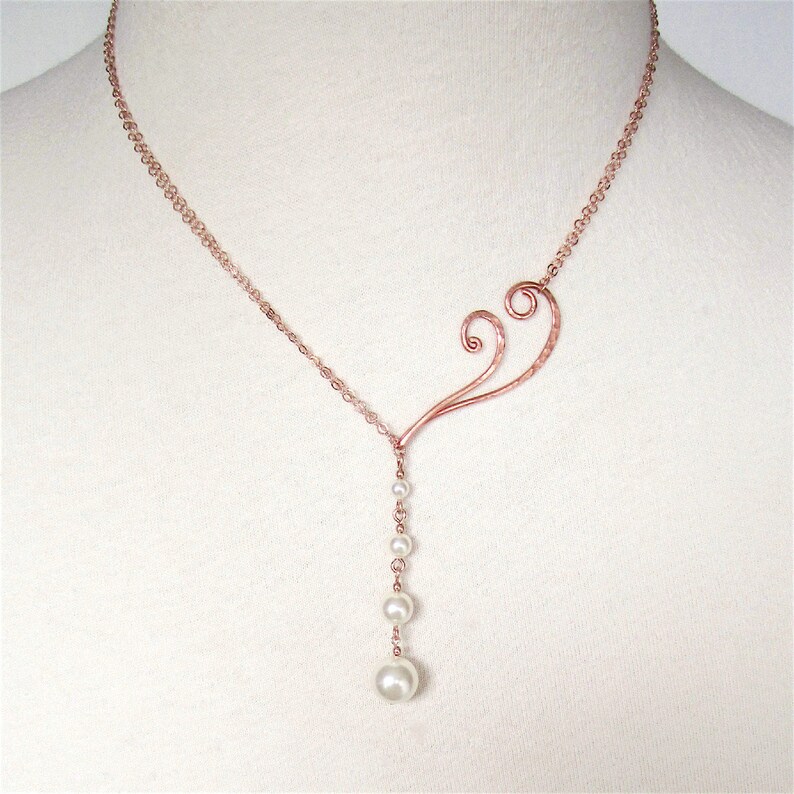 Rose Gold Filled Necklace Gold Lariat Necklace Lariat Pearl Necklace Hammered Gold Jewelry Gold Leaf Necklace Sterling Silver Pearl Lariat