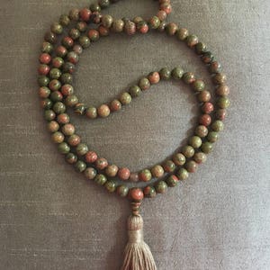 Unakite and Moonstone Mala 108 Beads, Prayer Beads, Mala Necklace, Natural Stones, Handmade in the USA