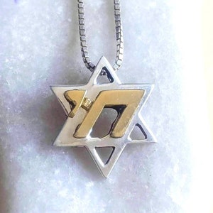 18K gold Chai on Silver Star of David pendant, two tone Jewish necklace, Gold Hebrew Life Charm, unisex Judaica gift, Israeli small charm