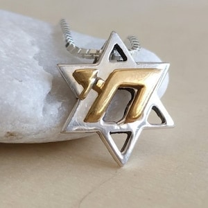 Silver Star of David with gold plated Chai necklace, Hebrew Chai charm pendant, Jewish Judaica jewelry, unisex necklace, Bar mitzva gift