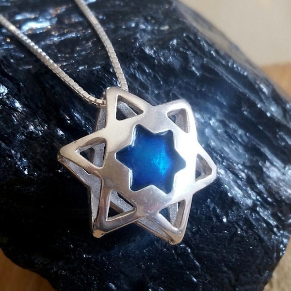 Blauer Emaille jüdischer Stern, Stern von David Halskette, Schmuck, jüdische Sternenkette, silberner israelischer Schmuck, 3D-Schmuck, moderne judaica