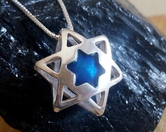 blue enamel jewish star, Star of David necklace, jewish jewelry, jewish star necklace, silver Israeli jewelry, 3D jewelry, modern judaica