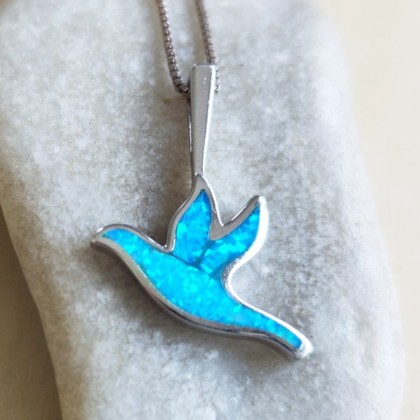 opal peace dove necklace, Silver bird charm, blue opal pendant, biblical Jewish dove of peace jewelry, Bat Mitzva gift, October birthstone