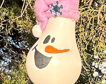 Hand-Painted Snowman Christmas Ornament, Upcycled Lightbulb
