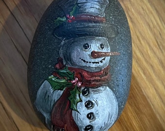 Christmas Winter Snowman  hand painted rock Lake Huron