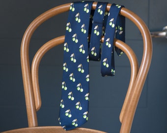 Vintage cherry print necktie - silk tie fun green cherries – men’s tie navy pure silk - gift tie men’s necktie Italy made