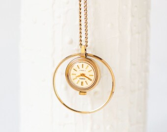 Necklace watch for women CHAIKA gold plated. Vintage dainty pendant watch round lady neck jewelry gift her. Geometric jewelry accessory