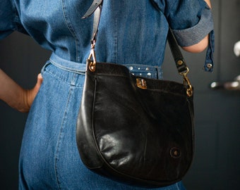 Vintage hobo handbag for women Aigner. Top handles shoulder bag black genuine leather. Women purse minimalist bag chic city girl gift