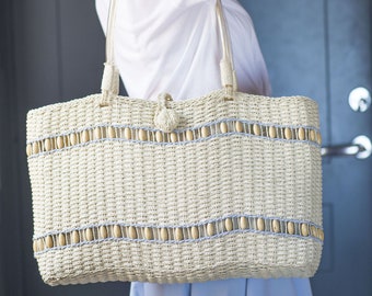 Woven Jute Sisal Beach Bag. Woven Bag Ethnic Tote Wooden Trim. Woven Fiber Market Bag Beige Blue. Handmade Huge Summer Shoulder Bag