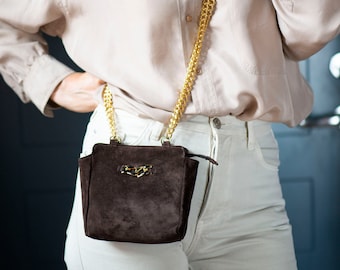 Vintage Pertti Palmroth Suede Crossbody Bag: Dark Brown Leather Chain Strap