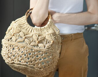 Macrame summer bag vintage bamboo handles. Vintage tote bag for women gift. Boho hippie bag woven jute. Coastal Grandma bag wooden details