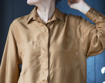 Vintage Silk Blouse: Long Sleeve Oversized Shirt, EU Size 38