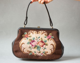 Floral Needlepoint Framed Bag Retro Brown Floral Gift. Boho Handbag Top Handle Purse Embroidery Roses Pattern Vintage. Chic Bag Fashion Love