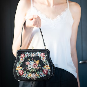 Needlepoint Framed Bag Flowers Embroidery Vintage Black Purse for Women. Boho Handbag Top Handle Purse Retro Fashion. Chic Bag Handmade Love